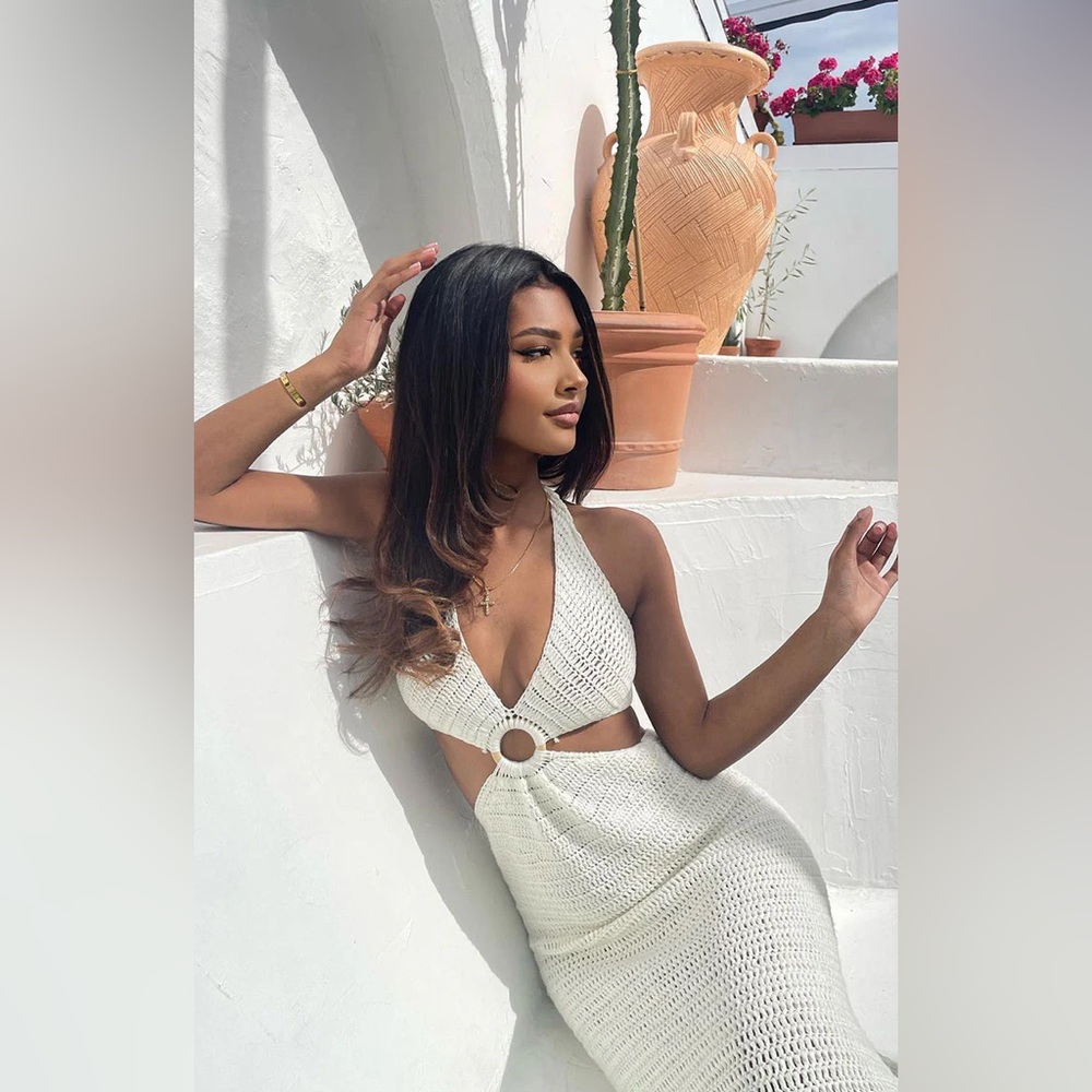 Beginning Boutique Crochet Halter Maxi Dress (White)